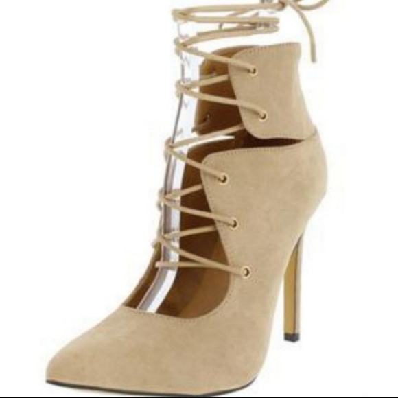 Shoes - Suede Lace Up Stiletto Beige 7.5